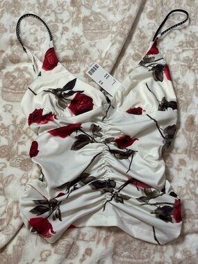 White Floral Ruched V-Neck Tank Top with Red Rose Print